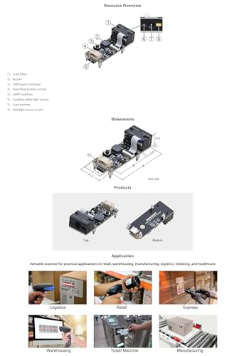 USB Barcode Scanner Module, 1D 2D QR Code Reader with TTL UART & Type-C Interface, Embedded Barcode Recognition Scanner for Arduino Raspberry Pi POS System Screen & Paper Scanning