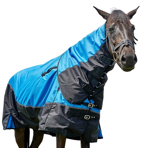 DEERFAMY Horse Turnout Blankets, Waterproof Poly Horse Care Blankets, Full Neck and Tail Coverage, Belly Wrap with Adjustable Cross Surcingles, 600D Windproof Oxford Fabric, 150g, 78in, XL, Blue