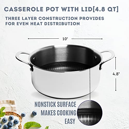 Lexi Home Stainless Steel Casserole Pot With Lid 4.8 Qt, Nonstick, Diamond, Tri-Ply Kitchen Cookware, Cooking Pot, Oven & Dishwasher Safe, Stay Cool Handle, Scratch Resistant, For All Stove Types #TOP3