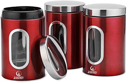 JENNIMER 3PC Kitchen Canister Sugar Food Tea Coffee Candy Storage Jars Stainless Steel with Transparent Windows (Red)