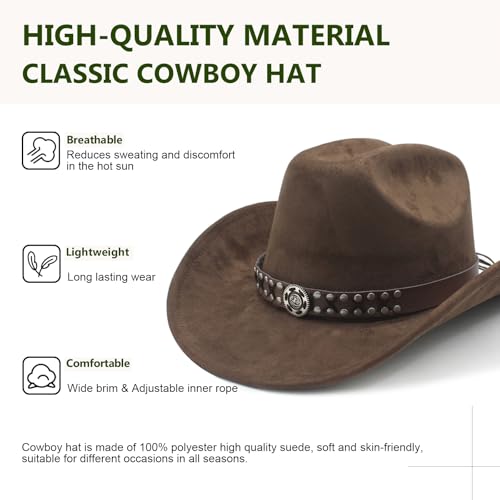 Image of Cowboy Hat for Women Men Wide Brim Western Cowgirl Hat Roll up Brim with Belt Buckle Classic Suede Country Cowboy Hat