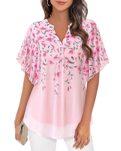 Image of Timeson Women's Short Sleeve V Neck Blouses Shirts Floral Double Layers Mesh Tunics Tops