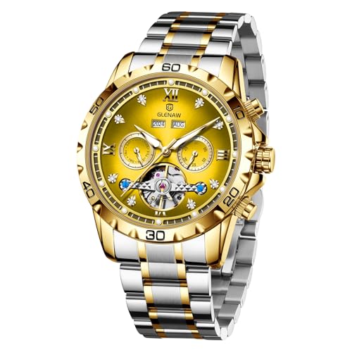 GLENAW Automatic Watch for Men Skeleton Roman Numeral Diamond Dial