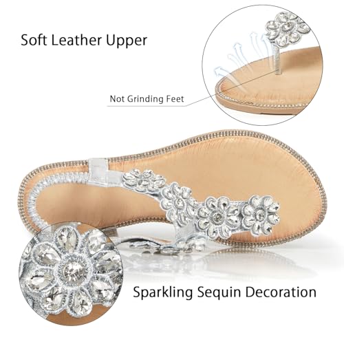 Image of iCKER Women Flat Thong Sandals Rhinestone Sparkly Boho Elastic Ankle Strap | Elastic ankle strap，non‑slip,matches summer dresses,for vacation,wedding,evening and festival