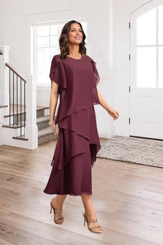 Tea Length Mother of The Bride Dresses for Women Flowy Chiffon Formal Dress for Wedding Guest4