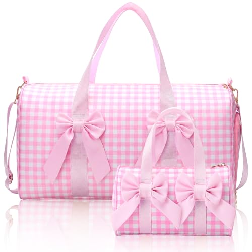 Shinylin 2 Pcs Pink Gingham Bow Travel Duffel Bag Set with Cosmetic Pouch, Cute Weekender Overnight & Gym Bag for Women, Carry on Tote with Shoe Compartment, Aesthetic Pink Travel Set by Shinylin - Used condition - US$19.86