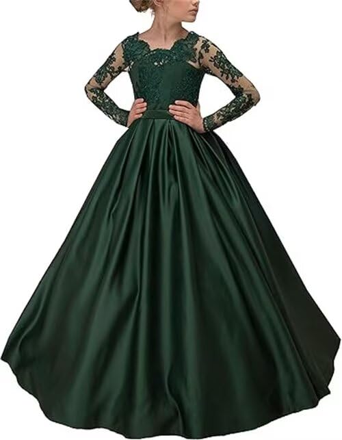 Flower Girl Dresses for Wedding Long Sleeves Pageant Dresses with Bow Satin First Communion Dress Party Evening Gown