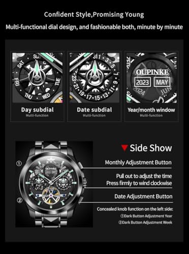 Image of OUPINKE Men Watch Automatic 5 Hands Multi Calendar Year /Month /Week /Date Mechanical 5ATM Waterproof Luxury Tungsten Steel Sapphire Crystal Wrist Watch for Men (3233:Black)