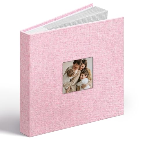 Vienrose Linen Photo Album 6x4 with Cover Window, 48 Pockets Acid-Free Pages Picture with Memo Areas, Memory Book Gift for Wedding, Family, Baby, Anniversary (Pink)