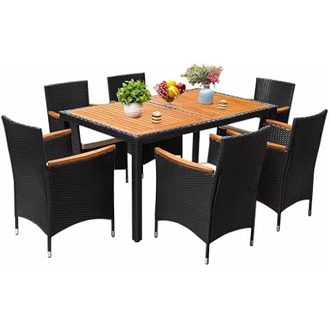 Flamaker 7 Piece Patio Dining Set Outdoor Acacia Wood Table and Chairs with Soft Cushions Wicker Patio Furniture for Deck, Backyard, Garden Cover