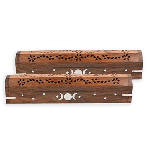 2 Pack - Incense Stick Holder - Coffin Style - Wood Incense Stick Burner With Triple Moon Inlays (Natural) Handmade With Brass Inlays #TOP8