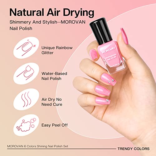 Morovan Nail Polish Set Water Based Nail Polish-6 Color 0.25Oz Pink Toxic Free Nail Polish Kit Beginner Friendly Rainbow Glitter Nail Polish Set For Women Girls #TOP4