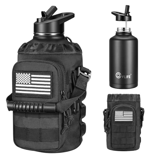 CVLIFE Half Gallon Water Bottle with Straw, 64 oz Insulated Stainless Steel Water Jug, Battle Sports Bottle with Bottle Pouch, Durable Handle, Removable Sleeve for Gym, Hiking, Camping (Black 2 Liter)