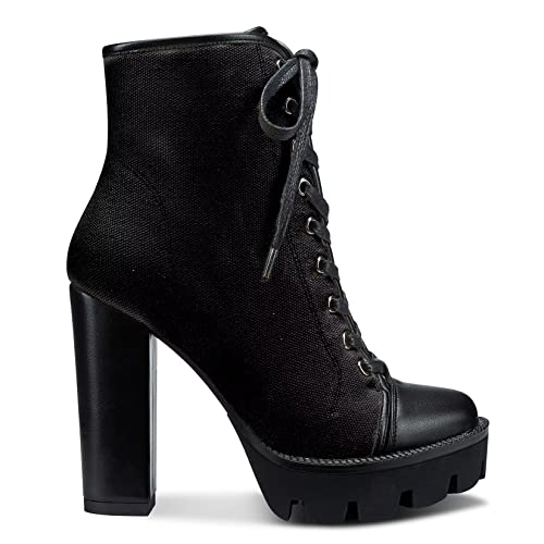 NobleOnly Women High Heel Platform Round Toe Ankle Boots Short Bootie Zipper Lace-up Riding Boots Classic Party Office 5.1 Inches Heels3