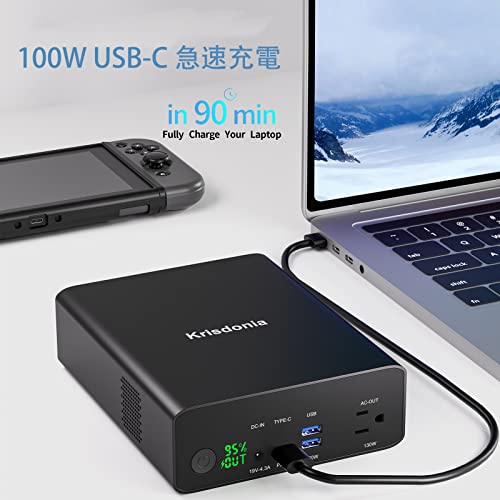 Krisdonia ポータブル電源 80000mAh 大容量 モバイルバッテリー （ 130W AC出力 + USB ポート + USB-C 100W ）予備電源 iPhone/MacBook/ノートPC等対応 緊急・災害時バックアップ用電源
