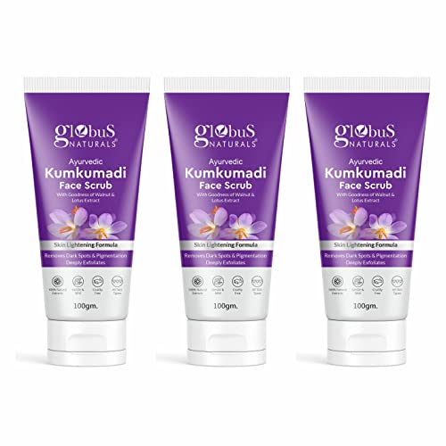 Image of Globus Naturals Ayurvedic Kumkumadi Skin Lightening Face Scrub, Enriched with Walnut & Lotus Extract, Chemical Free, Cruelty Free, Suitable For All Skin Types, 100 ml, Pack Of 3