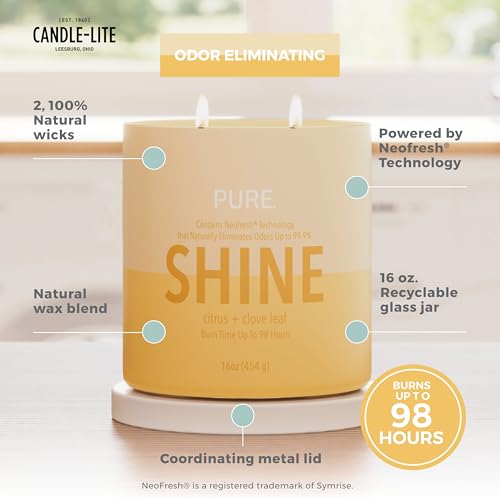 Candle-Lite Pure Citrus & Clove Leaf Scented Candles, Mothers Day Gifts for Mom, Odor-Eliminating Neofresh Technology 99.9%, 16 oz 2-Wick Jar, 44-60 Hours Burn Time