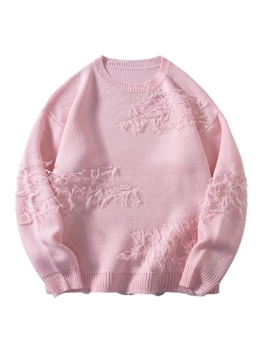 WDIRARA Men's Distressed Sweater Crew Neck Long...