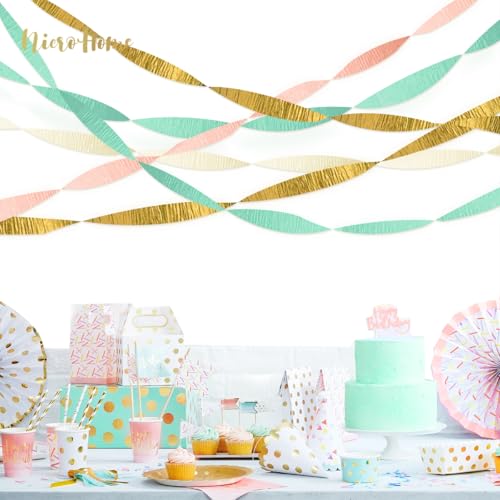 Image of NICROHOME EUR Pastel Party Decorations, 8 Rolls Mint Green Pink White Gold Crepe Paper Streamers for Wedding, Baby Bridal Shower, Engagement Party, Birthday, Valentine's Day, Easter, 82 Ft Long