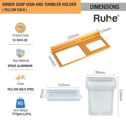 Image of Ruhe Ember 2 in 1 Soap Dish & Tumbler Holder | Soap Case | Tooth Brush Holder | Bathroom Accessories | Wall Mounted | Soap Stand | Yellow Gold