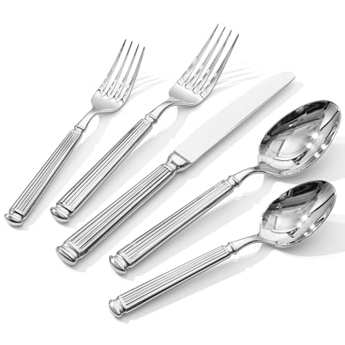KINGSTONE Silverware Set, 40-Piece 18/10 Stainless Steel Flatware Set - Roman Column Embossed Thick Handle, for Wedding, Home, Restaurant, Kitchen and Party, Mirror Polish & Dishwasher Safe