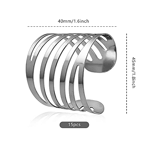 BILI 15 Sets Hollow Out Napkin Rings Gold Napkin Holders for Kitchen Decorations (Silver)