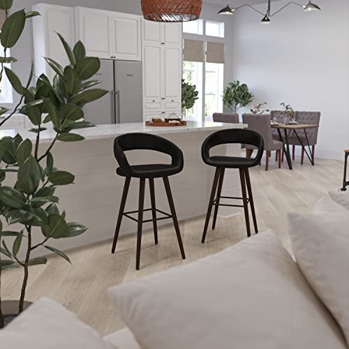 Merrick Lane Plath Bar Counter Stool - Cappuccino Brown Wood Stool - Contemporary Black Upholstered Seat - 29 Inch - Thumbnail 7