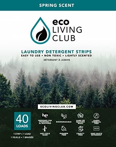 Eco Living Club Laundry Detergent Sheets Hypoallergenic, Eco-Friendly, Biodegradable, Plastic Free, Paraben and Cruelty Free, Travel Friendly Eco-strips (40 Load) (Spring Scent)