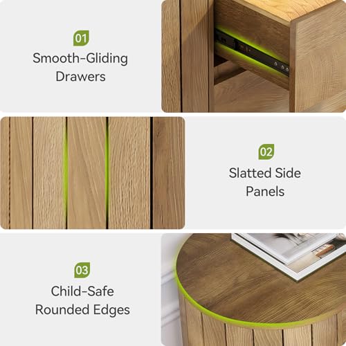 LITTLE TREE Large Nightstand, 35" Oversized Night Stand with Drawers, Wood Beside Table with Slatted Side Design, Modern Wide End Tables with 3 Drawers for for Bedroom, Oak by LITTLE TREE - Used condition - CA$163.18
