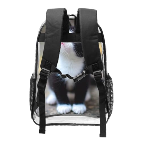 Transparent Daypack for Hiking Work Running - Big Capacity Anti-Theft Multipurpose Shoulder Bag, Black And White Cute Black Cat Travel and Sport Backpack Rucksack2