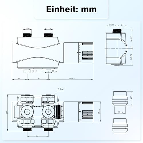 GIMBELEN Multiblock Set für Heizkörper Anschlussarmatur mit Thermostat, Hahnblock Heizkörper Ventil Eck- und Durchgangsform, Heizkörperventil für Badheizkörper Heizungszubehör WeiB G1/2\