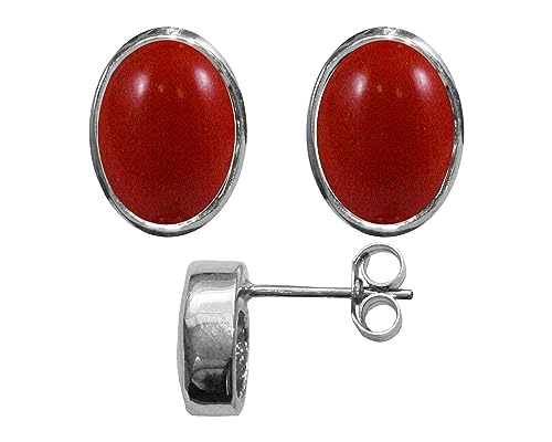 Boucles d'oreilles corail rouge naturel ovale argent avec coffret