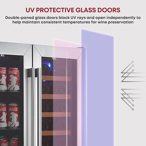 Koolatron 18 Bottle 56 Can Wine Fridge – Built-In Freestanding Wine Cooler with Glass Door 5.3 cu.ft Front Vent Beverage Refrigerator for Red White Wine Dual Temperature Zone (Silver Black 150 L)