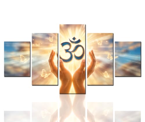 Native Indian Decor Sanskrit Aum Paintings Hindu Religion Symbol Pictures for House Contemporary Artwork 5 Panels Canavs Wall Art Poster and Prints Framed Ready to Hang in New Room(60''W x 32''H)