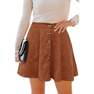 Women’s Button Front Mini Skirt A-line Pleated Corduroy Skater Skirts for Women with Pocket