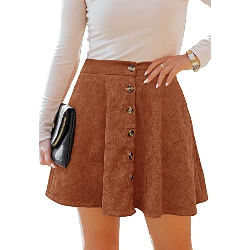 Women’s Button Front Mini Skirt A-line Pleated Corduroy Skater Skirts for Women with Pocket