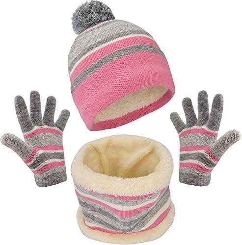 Girls Winter Hat Scarf and Glove Set for 3-7 Years Old Toddler Daughter Soft Fleece Lined Pom Beanie with Gloves Pink Strip