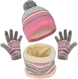 Girls Winter Hat Scarf and Glove Set for 3-7 Years Old Toddler Daughter Soft Fleece Lined Pom Beanie