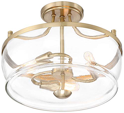 Possini Euro Design Alia Modern Industrial Ceiling Light Semi Flush Mount Fixture 14" Wide 3-Light Warm Brass Gold Clear Glass Shade For Bedroom Hallway Living Room Dining Room Bathroom Kitchen #TOP5
