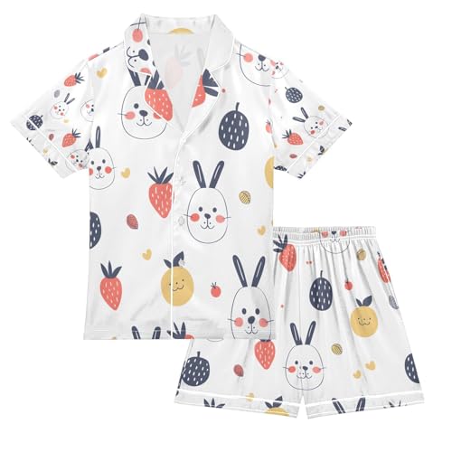 senya Rabbit and Fruit Satin Summer Pajama Sets Silk Short Sleeve Button Down Sleepwear
