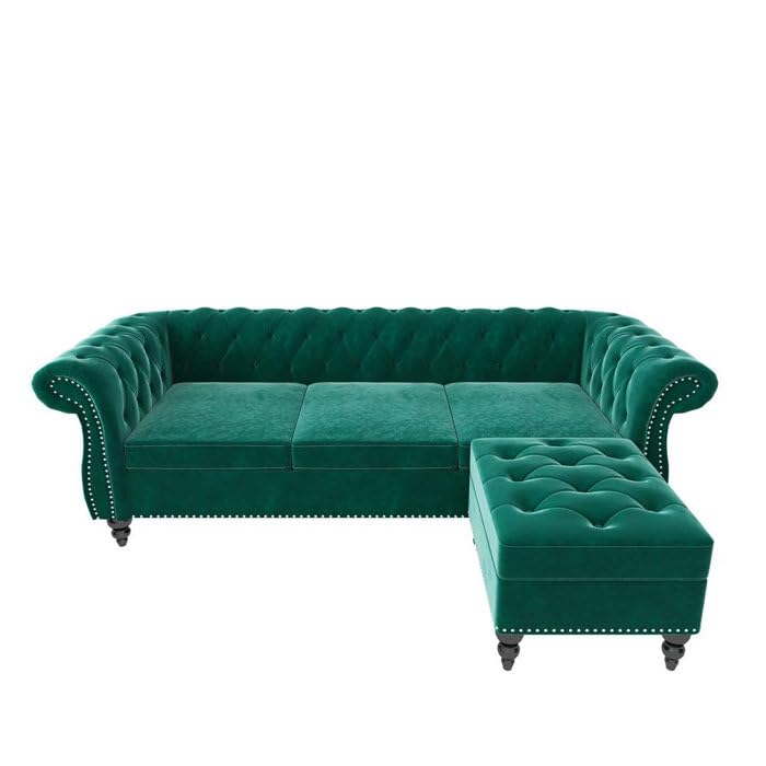 Image of Chesterfield Velvet 3 Seater Round Arm Sofa + Ottoman Modern Sofa for Your Loving Space, Bedroom, Living Room, Offices (Green)