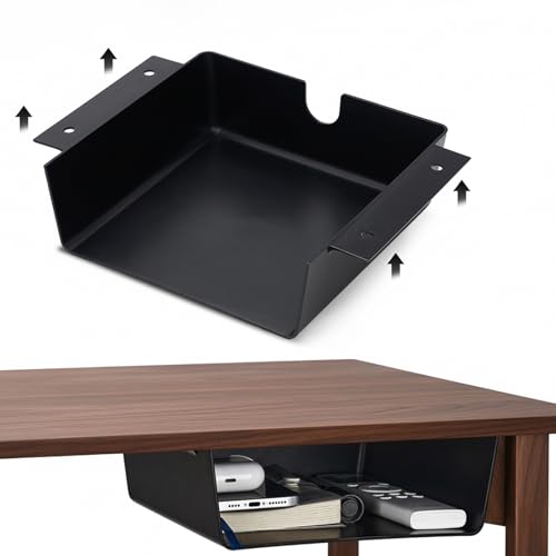 Image of OrgaFocus 2 Pack Under Desk Hanging Shelf Drawer Organizer, Attachable Plastic Hidden Storage Tray, Easy Adhesive Mount Holder for Standing Tables, Office, Counters, Cabinets, Workstations - Black