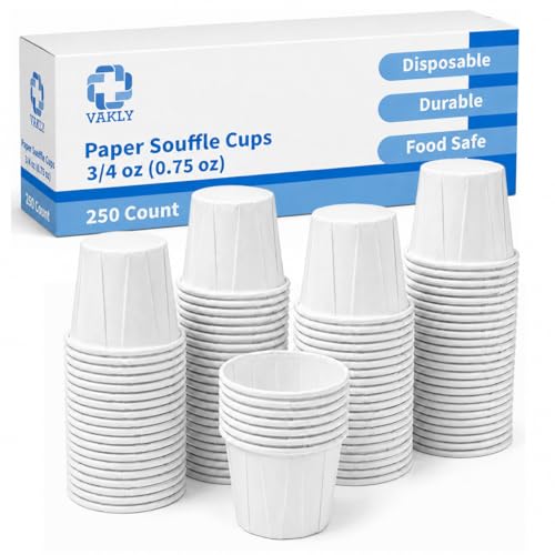Vakly Paper Souffle Cups 0.75 oz (Pack of 250) Disposable Portion Cups for Medicine Pills Condiments Food Tasting & Dessert Samples