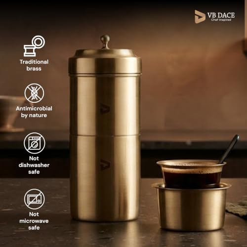 Image of VB DACE Traditional Brass Coffee Filter, 250 ml, Heavy-Gauge Brass South Indian Coffee Maker, Reusable Manual Coffee Drip Filter, Serves 2-3 Cups