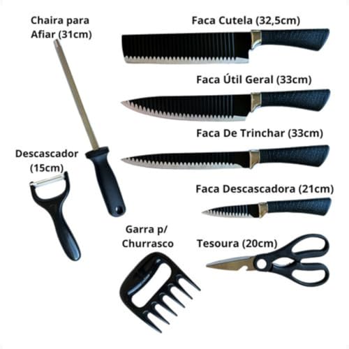 Jogo De Facas Para Churrasco E Cozinha Profissional Em Inox Kit Churrasco 8 Peças Com Amolador E Gar