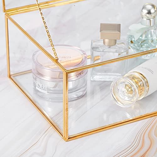 HCENJOC Golden Vintage Clear Glass Lidded Box Edge Bracelet Keepsake Decorative Jewelry Display Home Decor (10.8x7x4 in)