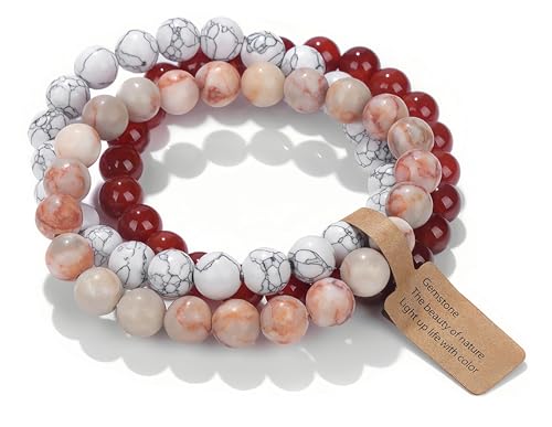 WEIZAIJY Bracelet fait à la main en perles de pierres naturelles de guérison, 19cm, Pierre, Pas de gemme (Jasper Red Picasso&Turquoise blanche&Agate rouge)