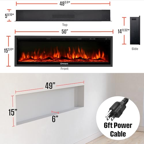 Westinghouse 50 Inch Electric Fireplace Heater, Compatible with Alexa & Google Home, Wall Mount or in-Wall Recessed Fireplace Insert, 24 Hour Timer, Color Changing Flames, 750W/1500W Indoor Heater by Westinghouse - Image 2