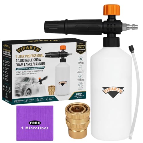 Image of Brass 1 Liter Bottle Professional Adjustable Snow Foam Lance /Cannon With 1 /4 inch Quick Release Connector | For High Pressure Washer | 1 Microfiber Cloth | Orange