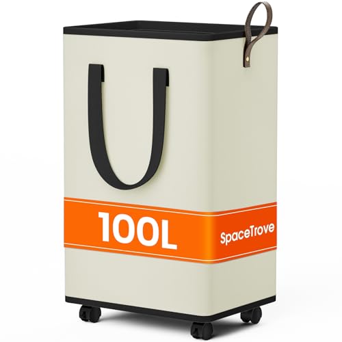 SpaceTrove Rolling Laundry Basket with Wheels, Laundry Hamper, 100L, Cream